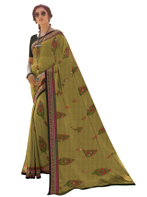 

Zainab chottani Green & Purple Floral Pure Georgette Block Print Saree