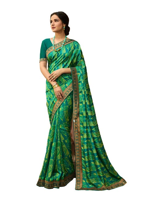 

Zainab chottani Women Green & Gold-Toned Ethnic Motifs Pure Georgette Block Print Saree