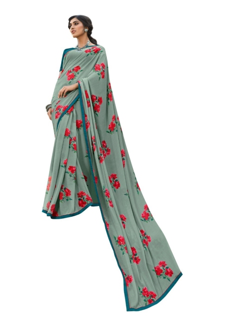 

Zainab chottani Grey & Red Floral Pure Georgette Block Print Saree