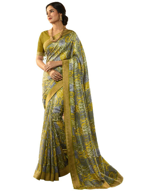 

Zainab chottani Women Yellow & Green Floral Zari Pure Georgette Block Print Saree