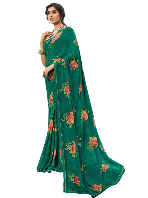 

Zainab chottani Green & Yellow Floral Pure Georgette Block Print Saree