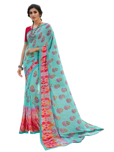 

Zainab chottani Women Blue & Red Floral Pure Georgette Block Print Saree