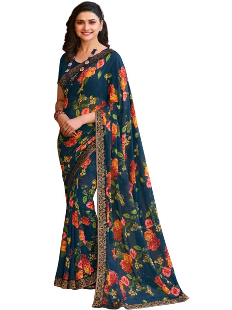

Zainab chottani Orange & Blue Floral Pure Georgette Printed Saree