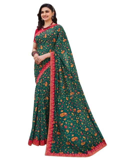 

Zainab chottani Women Green & Red Floral Pure Georgette Block Print Saree