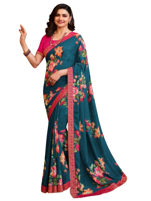 Zainab chottani Navy Blue & Pink Floral Pure Georgette Block Print Saree
