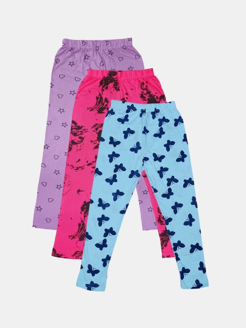 

FRENCH KLEIDER Kids Girls Pack Of 3 Printed Pure Cotton Ankle-Length Leggings, Pink