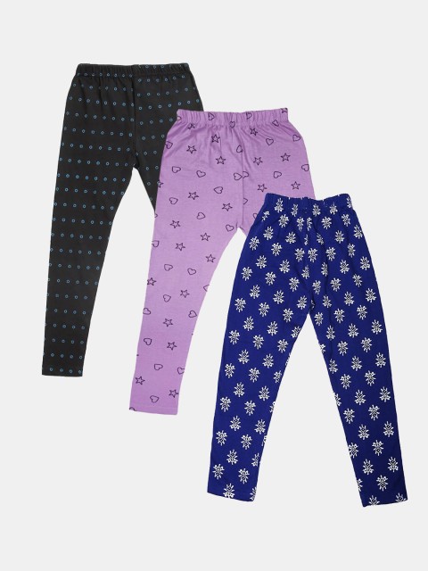 

FRENCH KLEIDER Girls Mauve Black Blue Pack Of 3 Printed Pure Cotton Leggings