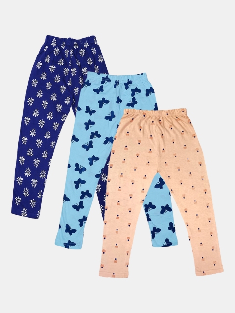 

FRENCH KLEIDER Girls Pack Of 3 Printed Pure Cotton Ankle Length Leggings, Blue