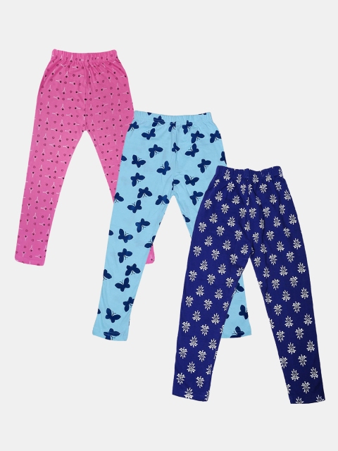 

FRENCH KLEIDER Girls Pack Of 3 Printed Pure Cotton Leggings, Blue