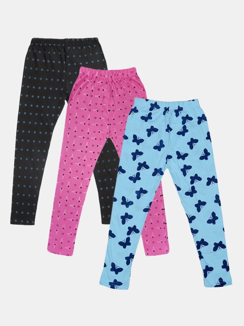 

FRENCH KLEIDER Girls Pack Of 3 Black & Pink Printed Cotton Leggings