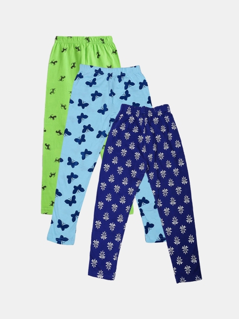 

FRENCH KLEIDER Girls Pack of 3 Printed Ankle Length Pure Cotton Leggings, Blue