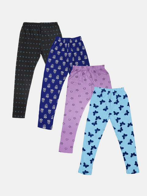 

FRENCH KLEIDER Girls Pack Of 4 Mauve & Black Printed Pure Cotton Ankle Length Leggings