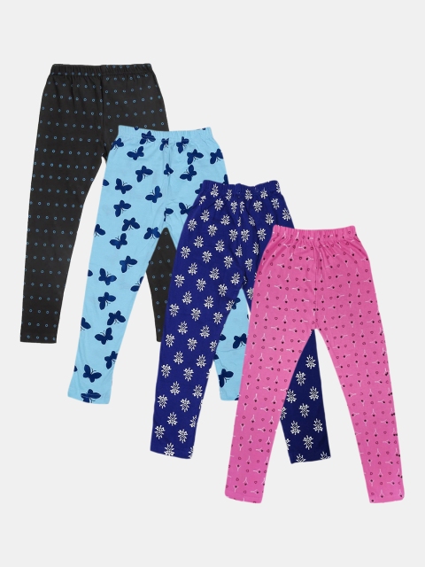 

FRENCH KLEIDER Girls Pack Of 4 Pink & Blue Printed Pure Cotton Ankle-Length Leggings