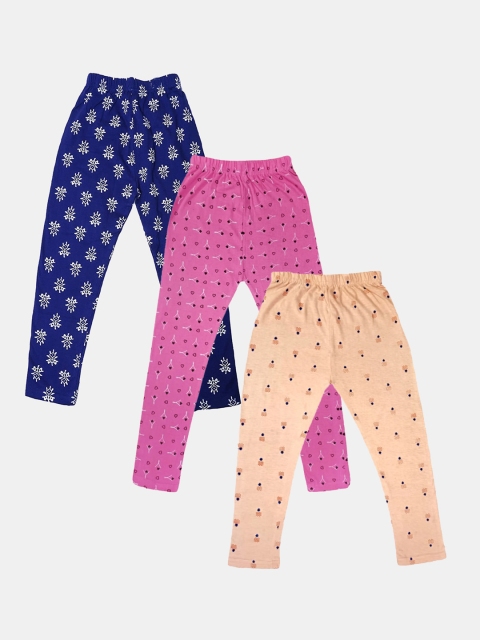 

FRENCH KLEIDER Girls Pack Of 3 Pink & Blue Printed Pure Cotton Ankle Length Leggings