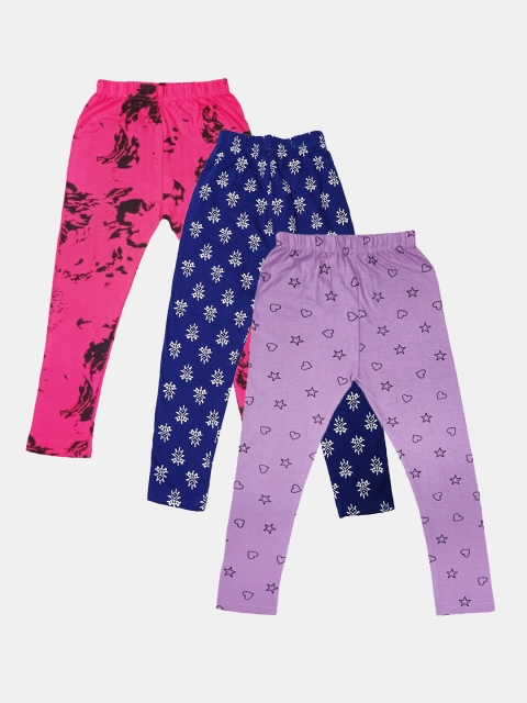 

FRENCH KLEIDER Girls Pack Of 3 Printed Pure Cotton Ankle Length Leggings, Magenta