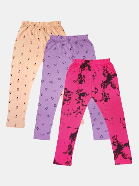 

FRENCH KLEIDER Girls Magenta & Mauve Pack Of 3 Printed Pure Cotton Ankle-Length Leggings