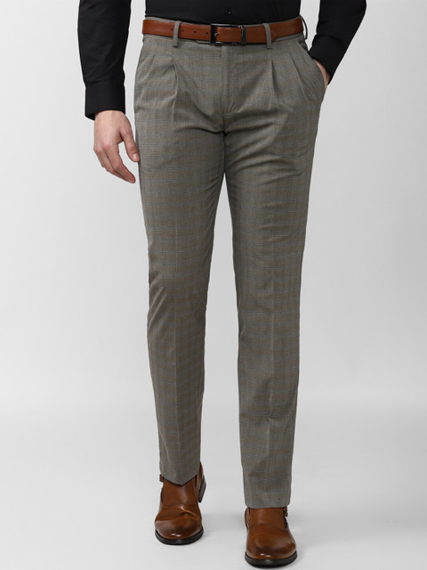 

Peter England Men Grey Checked Slim Fit Pleated Trousers