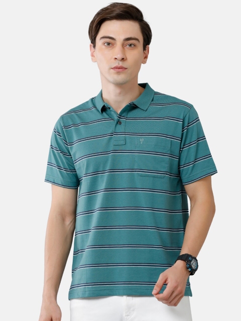 

Classic Polo Men Sea Green Striped Polo Collar T-shirt