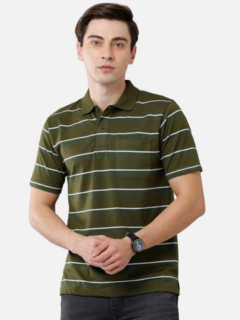 

Classic Polo Men Olive Green & White Striped Polo Collar T-shirt