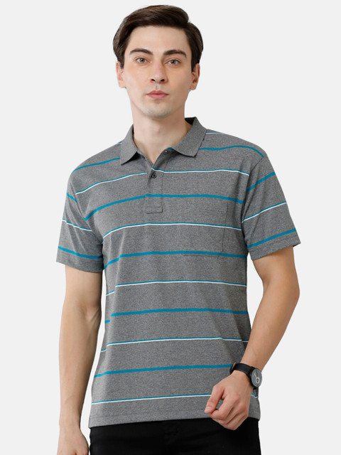 

Classic Polo Men Grey Striped Polo Collar T-shirt