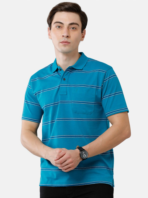 

Classic Polo Men Blue Striped Polo Collar T-shirt