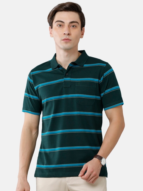 

Classic Polo Men Green & Blue Colourblocked Striped Polo Collar T-shirt