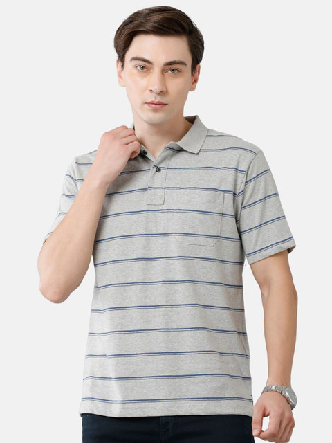 

Classic Polo Men Grey Striped Polo Collar T-shirt