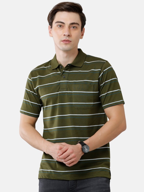 

Classic Polo Men Olive Green & White Striped Polo Collar T-shirt