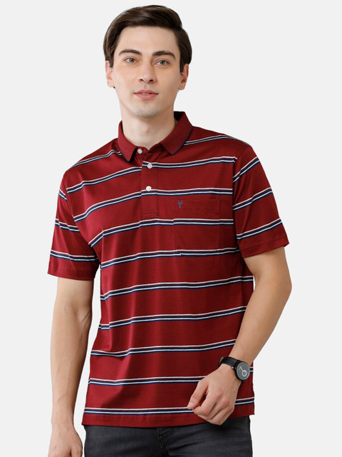 

Classic Polo Men Maroon Striped Mandarin Collar Pure Cotton T-shirt