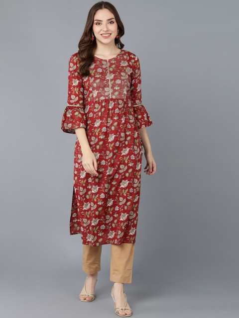 

AHIKA Women Maroon Floral Printed Bell Sleeves Thread Work Kurta