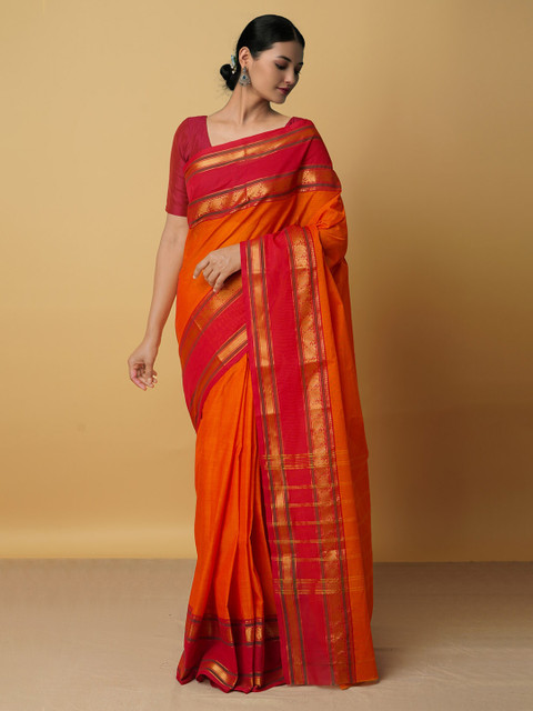 

Unnati Silks Orange & Red Zari Pure Cotton Chettinad Saree