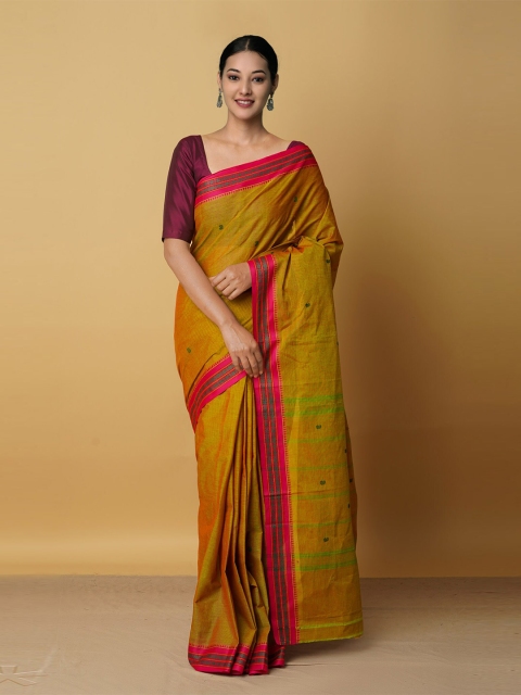 

Unnati Silks Green & Red Woven Design Zari Pure Cotton Chettinad Saree