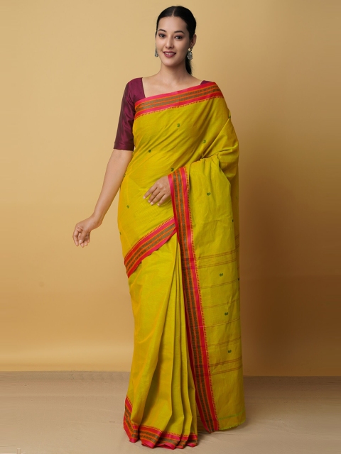 

Unnati Silks Green & Pink Woven Design Zari Pure Cotton Chettinad Saree