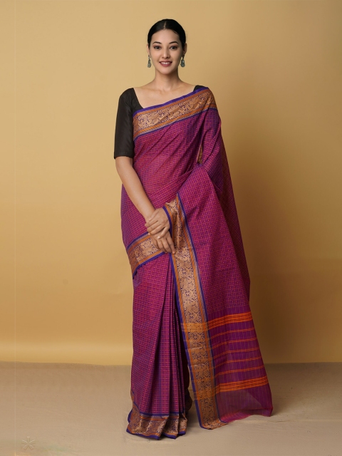 

Unnati Silks Purple & Gold-Toned Zari Pure Cotton Chettinad Saree