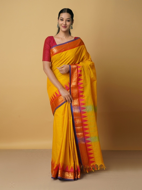 

Unnati Silks Yellow & Red Zari Pure Cotton Handloom Chettinad Saree