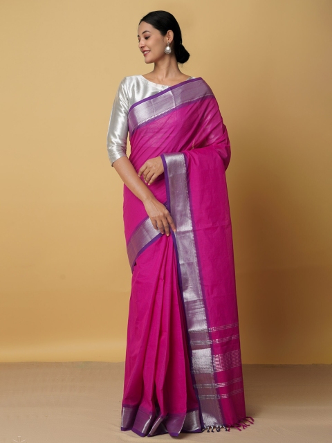 

Unnati Silks Pink & Blue Woven Design Zari Pure Cotton Chettinad Saree