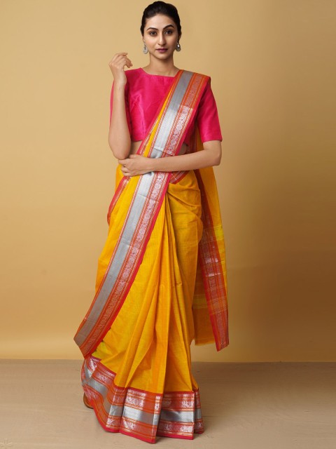 

Unnati Silks Yellow & Red Woven Design Zari Pure Cotton Chettinad Saree