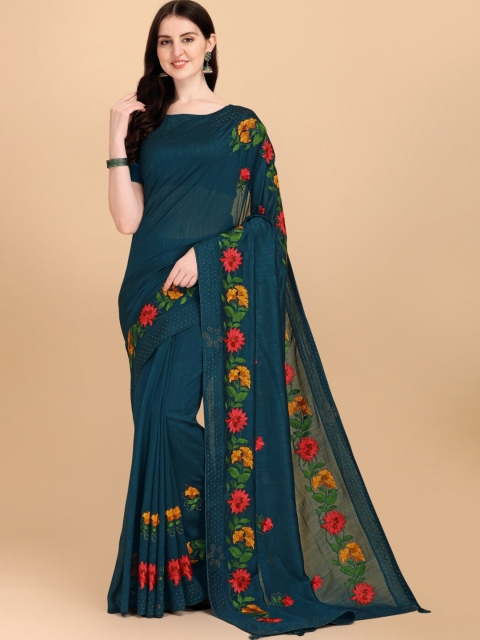 

Indian Women Teal & Pink Floral Beads and Stones Silk Blend Saree