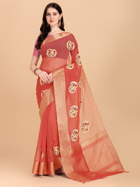 

Indian Women Peach-Coloured & Gold-Toned Woven Design Organza Saree