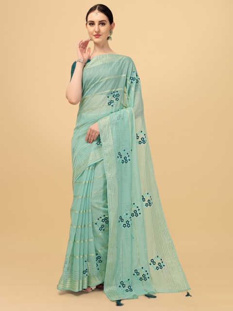 

Indian Women Turquoise Blue & Gold-Toned Floral embroidered Saree