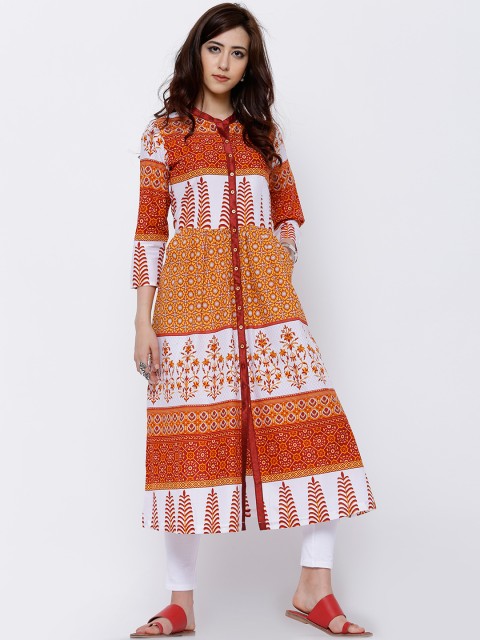 

Vishudh Women White & Rust Orange Printed A-Line Kurta