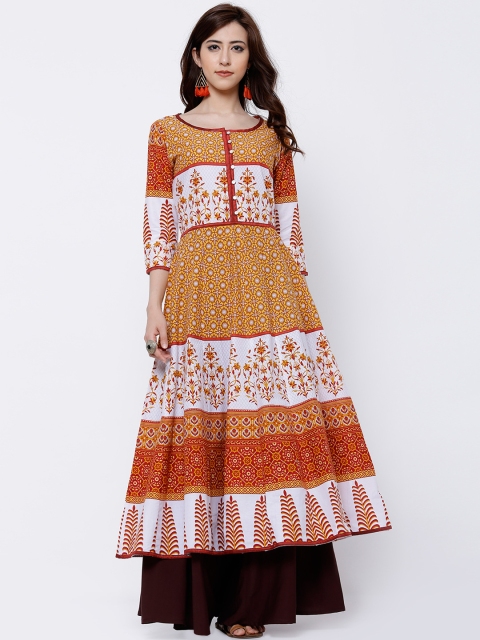 

Vishudh Women White & Mustard Yellow Printed Anarkali Kurta