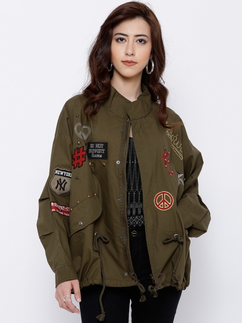 

Tokyo Talkies Women Olive Green Solid Bomber