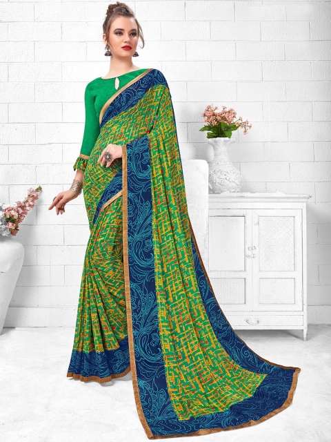

Shaily Green & Yellow Abstract Printed Poly Georgette Saree