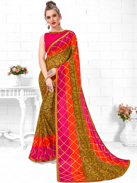 

Shaily Women Olive Green & Pink Ethnic Printed Saree