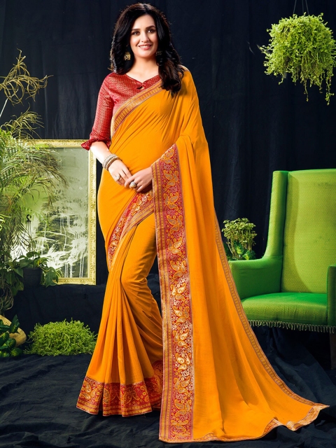 

Shaily Yellow & Red Zari Silk Blend Saree