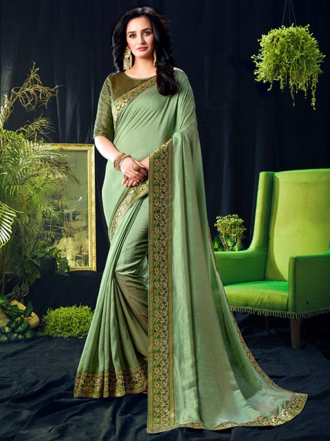 

Shaily Green & Gold-Toned Zari Silk Blend Saree