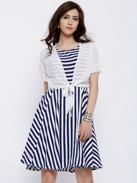 

Tokyo Talkies Women White & Navy Blue Striped Fit and Flare Dress