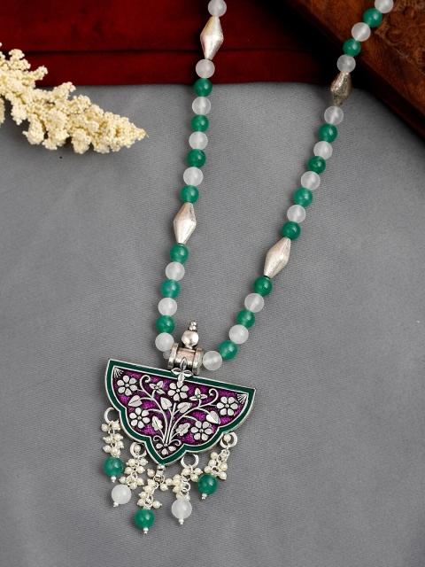 

DASTOOR Green & White Brass Silver-Plated Necklace