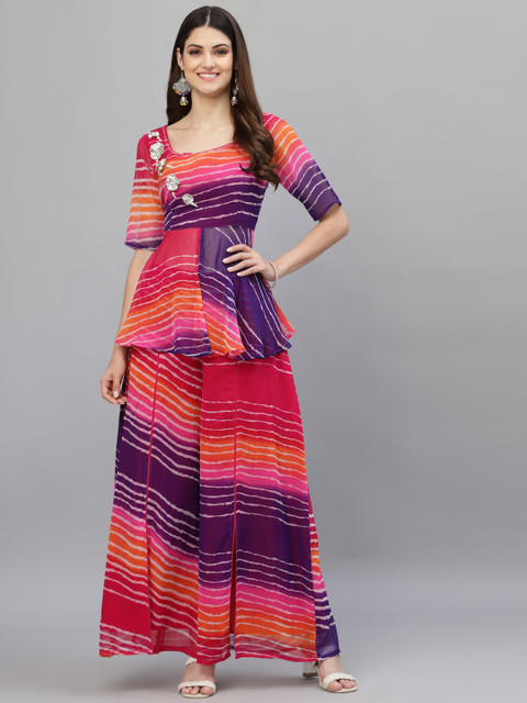 

Ragavi Women Multicoloured Leheriya Empire Kurti with Palazzos, Multi